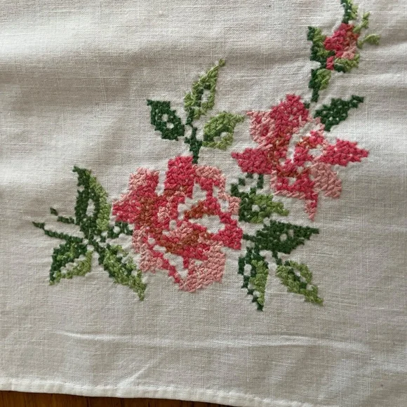 Vintage White Linen Tablecloth with Pink and Green Flowers and Leaves - Picture 6 of 9